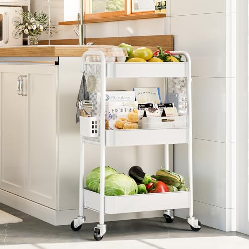 TOOLF 3 Tier Rolling Cart, Metal Utility Storage Cart with Pegboard, White - color: White, size: 3-Tier