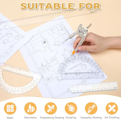 20 Pieces Geometry Math Set Compass for Geometry Math Compass and Protractor Set Include Metal Compass with Pencil Plastic Ruler and Protractor for Student School Office Woodworking Drawing Tools