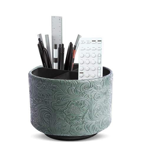 lizimandu Round Leather Art Supply Organizer,Remote Control Holder,360 Degree Spinning,Multi-Functional Pencil Holder,4 Compartments Desktop Stationary Organizer(1-Carved Cooper Green) - color: 1-Carved Cooper Green