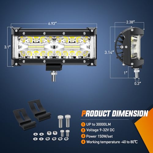 Nilight 2 PCS 7 Inch Side Shooter Light Bar Spot Flood Combo Triple Row - color: Side Shooter Light 2PC