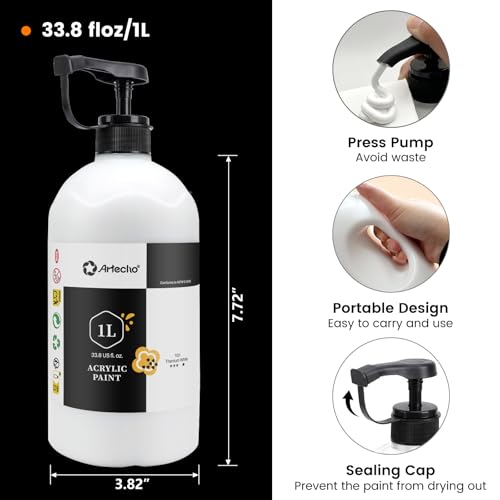 32 Pcs Acrylic Paint Brushes Set & Artecho Titanium White Acrylic Paint 1000ml / 33.8 fl oz Pump Dispenser