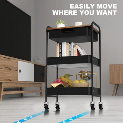3 Tier Rolling Cart with Drawer, Metal Utility Cart with Table Top - color: Black