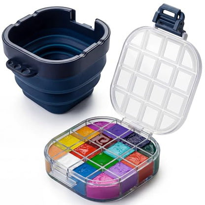 16-Well Airtight Empty Palette Box with Lid & Foldable Water Cup, Blue - color: Blue