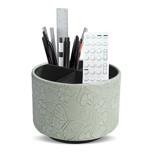 Round Leather Art Supply Organizer,Remote Control Holder,360-degree Rotating Pen Organizer with 4 Compartments(1-Butterfly Green2) - color: 1-3Butterfly Green2