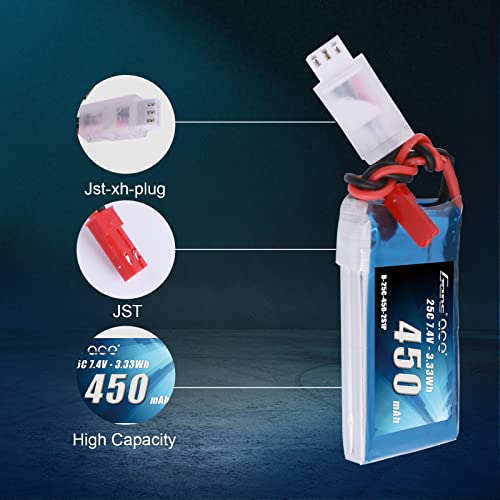Gens ace 7.4V 450mAh 2S LiPo Battery Pack 25C/50C with JST Plug for Emax Babyhawk RC Heli 250 Helicopter Small Airplane Micro FPV Racing Drone Quadcopter