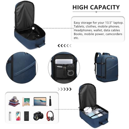 Kono Travel Backpack Airline Approved Overhead Bin Personal Item Bag - color: Navy, size: Medium