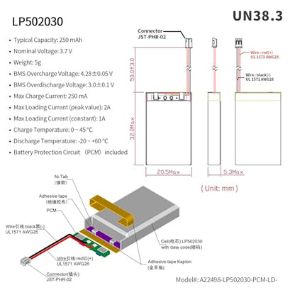 EEMB 3.7V 502030 250mAh Lipo Battery Rechargeable JST Connector-Pack