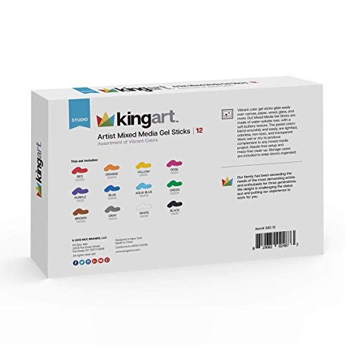 KINGART Mixed Media Gel Stick Crayons, Vibrant, Set of 12-Colors