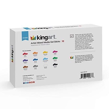 KINGART Mixed Media Gel Stick Crayons, Vibrant, Set of 12-Colors