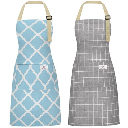 2 Pieces Aprons for Women with Pockets, Cotton Linen Waterproof Kitchen Cooking Aprons, Chef Apronfor Men Women with Adjustable Neck Strap and Long Ties(Grey/Blue) - color: Grey/Blue