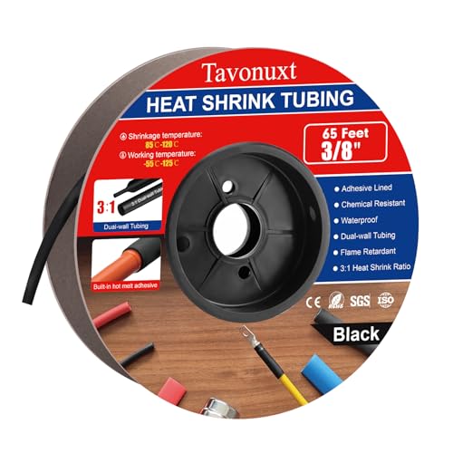 3/8" 65ft 3:1 Heat Shrink Tubing with Adhesive Lining - Marine Grade, Ideal for Home, Automotive, and Industrial Use - Black - size: 3/8 Inch, style: 65ft - Balck