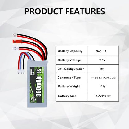 3S Lipo Battery 11.1V 360mAh Various Plugs Rechargeable RC Battery - size: 360mah 11.1V