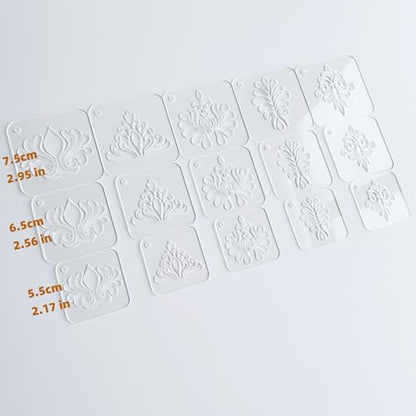 Mandala Drawing Stencils Set, Clear Acrylic, 2.95-2.17 Inch, 15 Pieces with Ring, Geometric Dot Pattern Templates for Art (Flourish Pattern)
