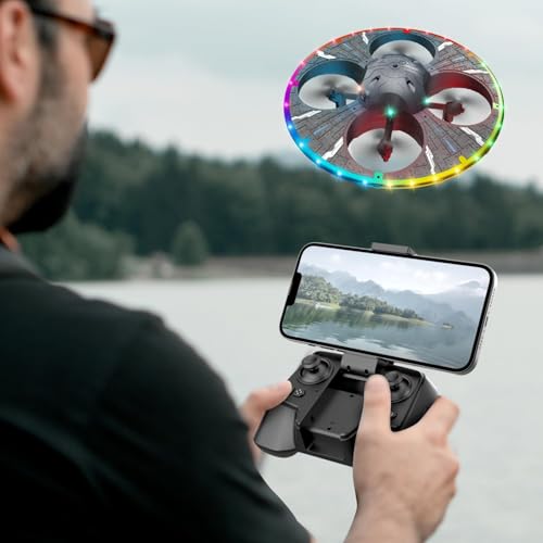 Round Foam UFO Quadcopter with Multi-Color LED Light Effects, RC Drone with Camera for Beginners, Altitude Hold, 360° Flips, 3 Speed Modes, 2 Modular Batteries FPV Drone (Silvery)