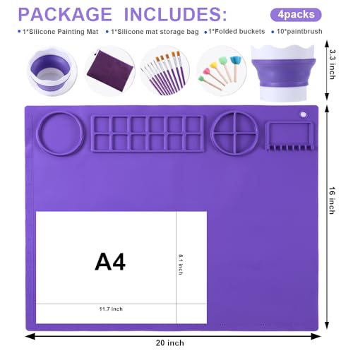 DIYDEC Silicone Art Mat 20x16 Inch - Large Silicone Painting Mat with Detachable Cup, 10 Painting Brushes, 5 Sponge Brushes - Kids & Adult DIY Accessories (Purple) - color: Purple