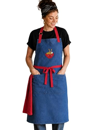 100% Cotton Printed Kitchen Apron with 2 Pockets for Men and Women – Adjustable Chef Apron - Machine Washable - color: Denim Blue