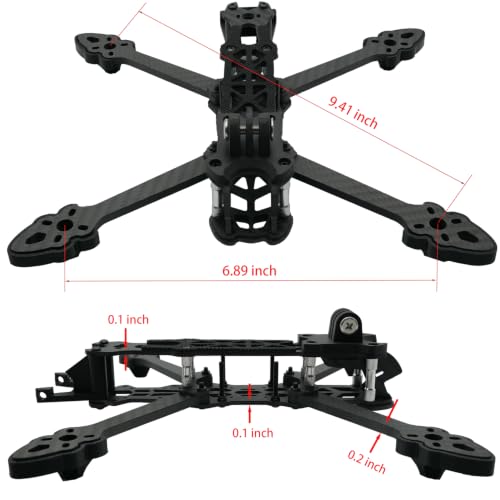 5-inch FPV drone frame made of carbon fiber, equipped with 3D-printed landing pads, camera mount and antenna tail base. Arm thickness: 0.2 inch, bottom plate thickness: 0.1 inch