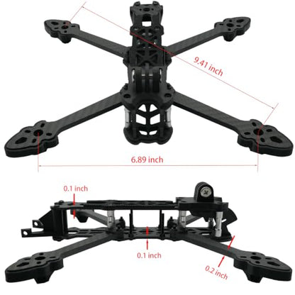 5-inch FPV drone frame made of carbon fiber, equipped with 3D-printed landing pads, camera mount and antenna tail base. Arm thickness: 0.2 inch, bottom plate thickness: 0.1 inch