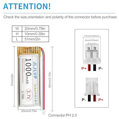 4Pcs 3.7V 1000mAh LiPo Battery 1S 1C Rechargeable Lithium Polymer Batteries with Dual Protection Board Pack with PH 2.0mm Connector for Electronic Device