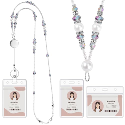 Beaded Teacher Lanyard with Retractable Badge Reel, Pearl, Women - color: Purple Blue