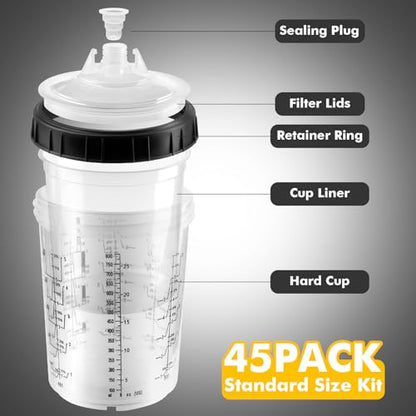 Disposable Paint Spray Gun Cups 28 Ounce(800ML)，45 Disposable Paint Cup with Lids, 1 Hard Cup with Retainer Ring, 20 Plugs & 1 Stirrer for HVLP/LVLP Guns - size: 28 Ounce Kit-45PCS