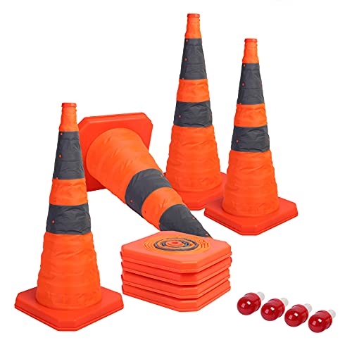 Sunnyglade 4 Pack 28 inch Collapsible Traffic Cones with LED Light Orange
