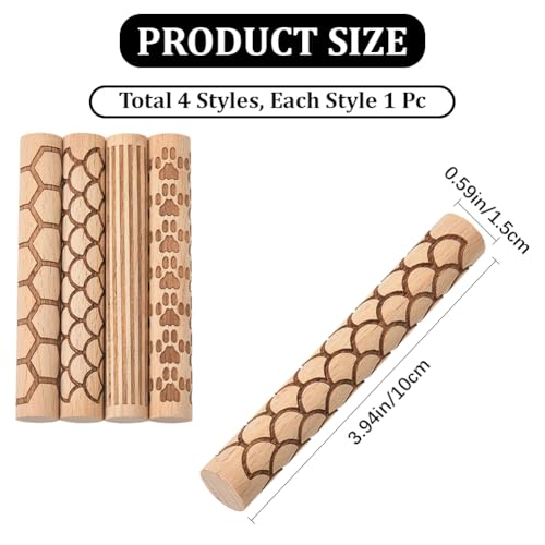 CREATCABIN 4 Pcs Wooden Clay Texture Rollers Pottery Stamp Roller Tools Sector Straight Line Paw Hexagon Pattern Textured Rolling Pins for Modeling Ceramics Painting Handmade Craft Art DIY 3.94 Inch