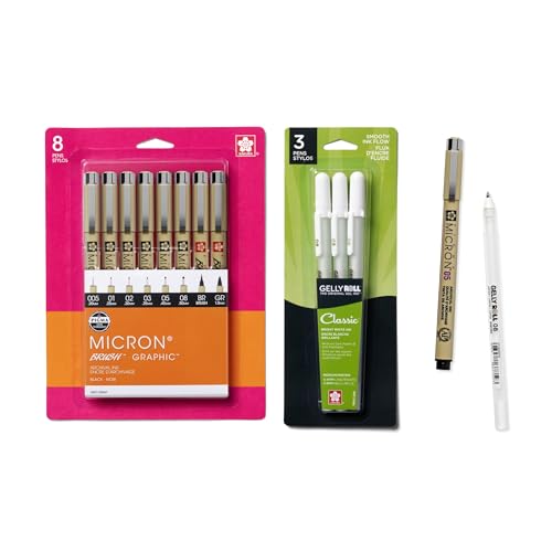Sakura Pigma Micron & Gelly Roll Classic White Pens, 8 Black & 3 White