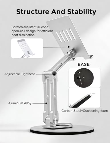 Aluminum Tablet Stand for Desk, 360° Rotating Height Adjustable - color: silver