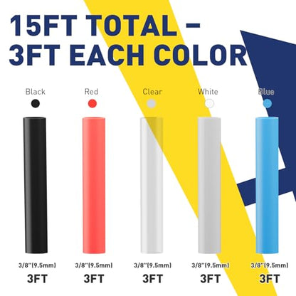 haisstronica 15Ft 4:1 Heat Shrink Tubing Kit 3/8" 5 Colors - size: 3/8"