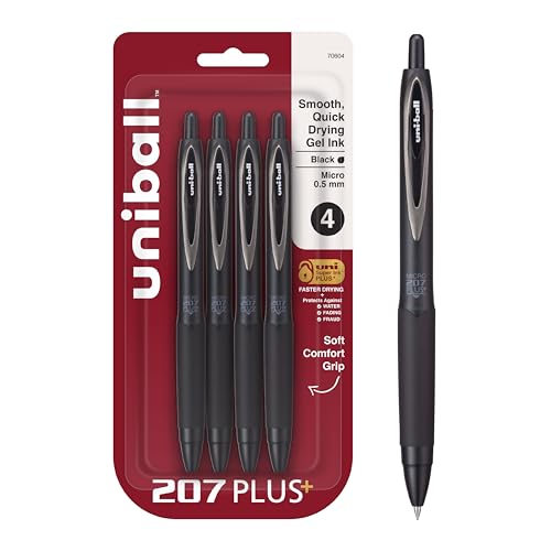 uniball™ 207 Plus+ Gel Pens, Black Ink, 0.5mm Micro Point, 4 Count