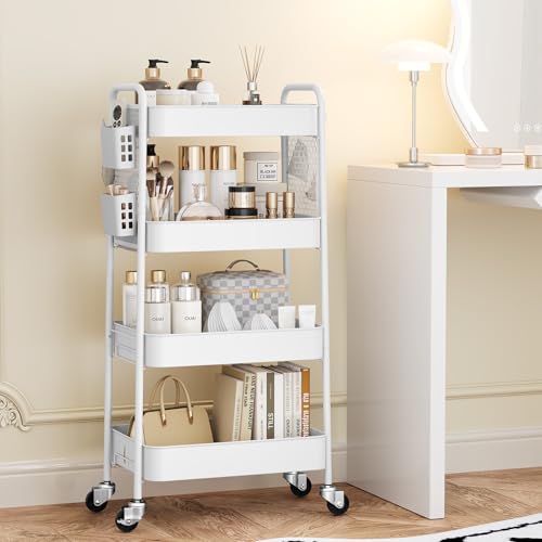 TOOLF 4 Tier Rolling Cart, Metal Utility Storage Cart with Pegboard, White - color: White, size: 4-Tier