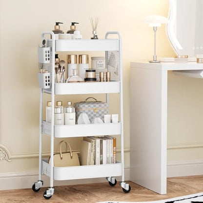 TOOLF 4 Tier Rolling Cart, Metal Utility Storage Cart with Pegboard, White - color: White, size: 4-Tier