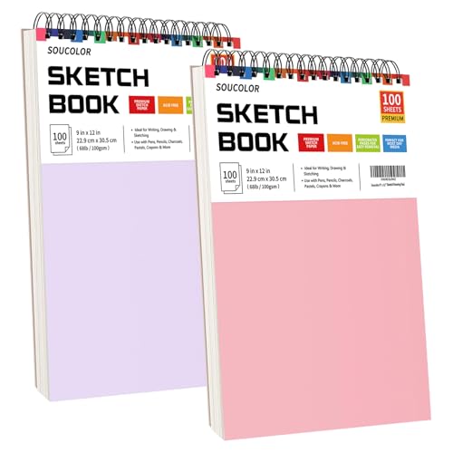 Soucolor 9x12 Sketch Book 2-Pack, 100 Sheets, Acid-Free, Spiral Bound - color: Pink&Purple, size: 9" x 12" (Pack of 2)
