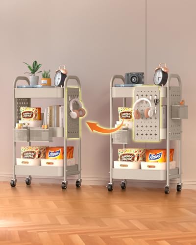 ALVOROG 3 Tier Metal Rolling Utility Cart with Pegboards,Baskets,Hook,Khaki - color: Khaki
