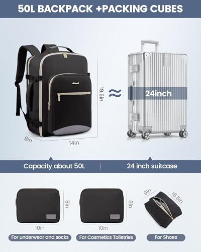 LOVEVOOK 50L Travel Backpack Flight Approved Carry on Backpack,3 Packing Cubes,Waterproof Personal Item Travel Bag,TSA Carry on Luggage Suitcase Travel Essentials,Gifts for Women & Men,fits 18" Laptop - color: Black-grey, size: X-Large-50L-4Pcs(Standard)