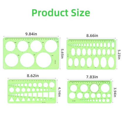 4 Pcs Drawing Template Drafting Stencil Ruler Circle and Oval Templates Plastic Drawing Measuring Rulers Geometric Drawings Stencils for Office and School Building Formwork Drafting Tool (Green)