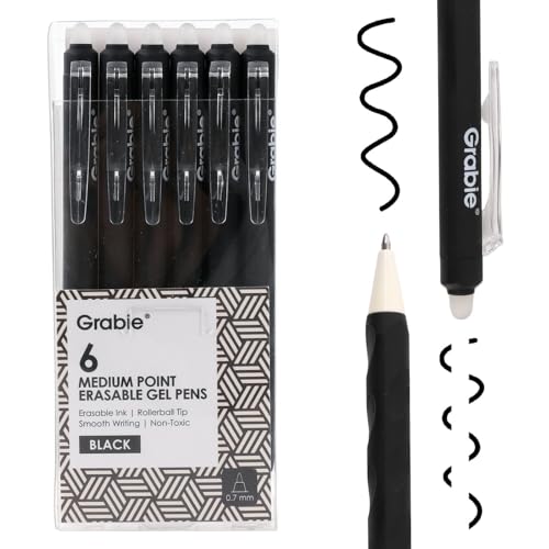 Grabie Erasable Gel Pens, 6 Black 0.7 mm Medium Point Pens - color: Black