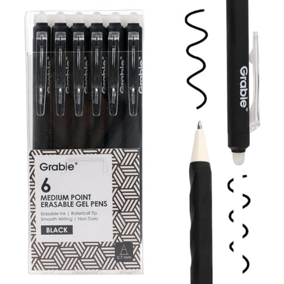 Grabie Erasable Gel Pens, 6 Black 0.7 mm Medium Point Pens - color: Black