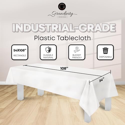 Grandipity Plastic Table Cloth Disposable 12 Pack 54” x 108” Rectangle - color: White, size: 54in. x 108in. Rectangle