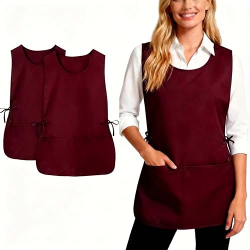 Cobbler Apron Unisex Smock Apron with Side Ties and 2 Deep Pockets Unisex Apron for work kitchen - color: 2pack-red