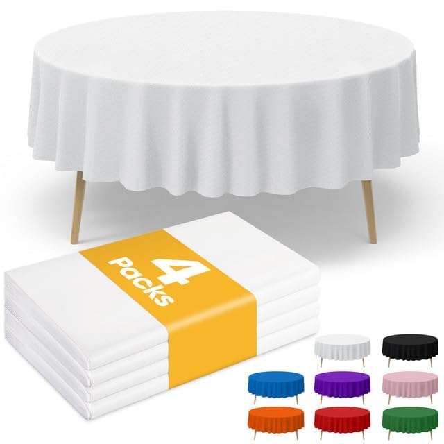 Niuara White Plastic Table Cloth Disposable, 4 Pack, 84 in - color: White, size: 84" Round - 4 Packs