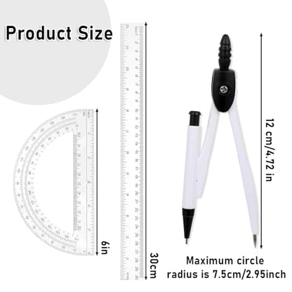 Student Protractor and Compass Set, 3 Pcs Geometry Math Set, 12 Inch Plastic Clear Ruler, Compass for Geometry and 180 Degree 6 Inch Protractor for Drawing Measuring School Office (Classic)
