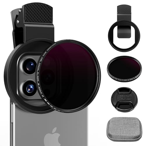 52mm Variable ND2-ND400 Filter with Upgraded Phone Clip, Neutral Density Filter Lens for iPhone 16/15/14/13 Pro Max Samsung Moto Google TCL, HD Double-Sided Multi-Coated Glass
