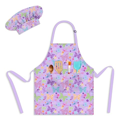 Kids Aprons for Cooking, Toddler Apron for Girls with Pockets Apron for Kid - color: Purple Butterfly
