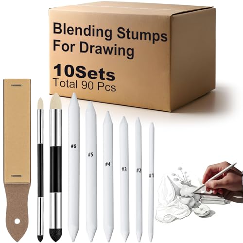 Fulmoon 90 Pcs Blending Stumps Tortillions Set Professional Drawing Tools Blending Sponge Pens Pencil Sharpener for Sketching, Charcoal Art Bulk Pack for Schools Artists