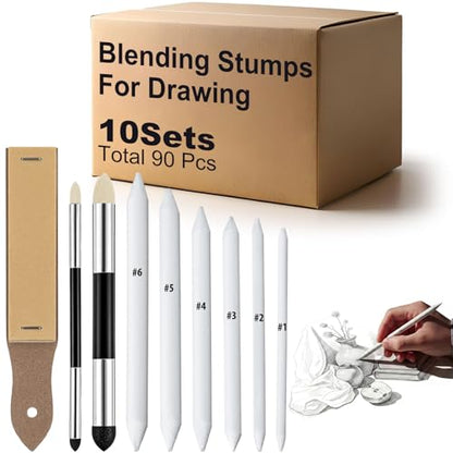 Fulmoon 90 Pcs Blending Stumps Tortillions Set Professional Drawing Tools Blending Sponge Pens Pencil Sharpener for Sketching, Charcoal Art Bulk Pack for Schools Artists
