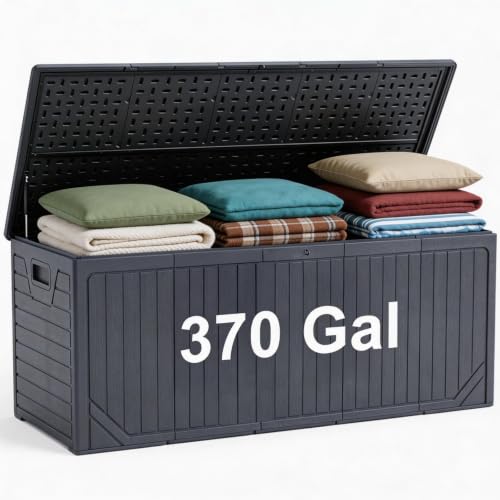 370 Gallon Extra Large Deck Box Waterproof, Thick Resin, Black - size: 370 Gal