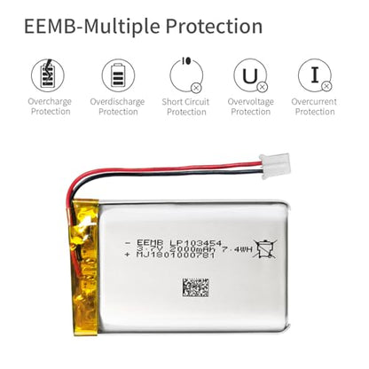 EEMB 3.7V 103454 2000mAh Lipo Battery Rechargeable JST2.0 Connector 1-Pack - size: 1(Reverse)