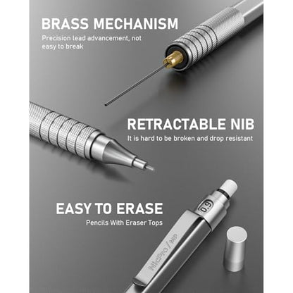 Nicpro 0.9 mm Metal Mechanical Pencil Set with Case - color: Silver, style: 0.9 MM